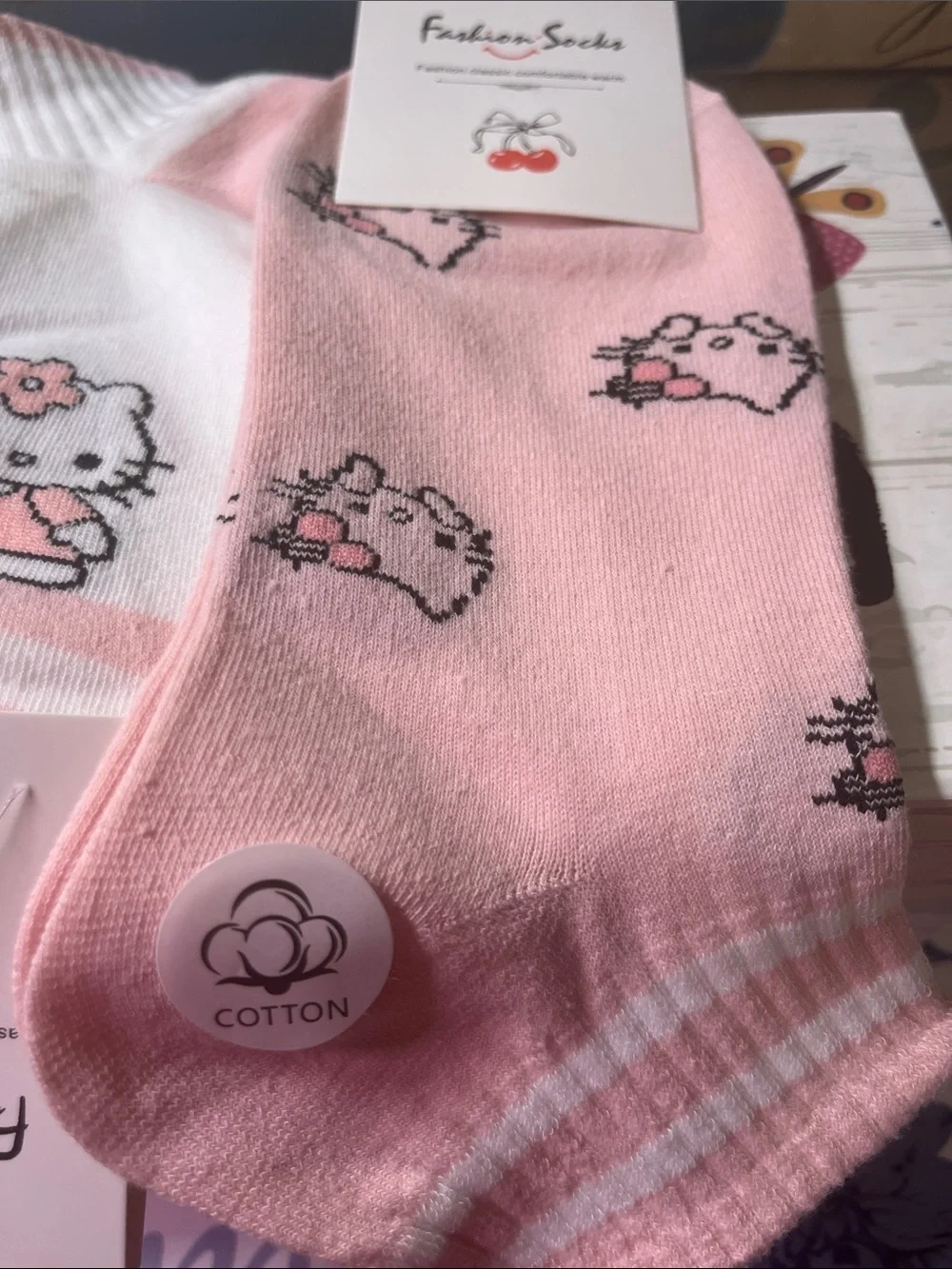 Kids Cute Cat Pattern Socks - Pink & White